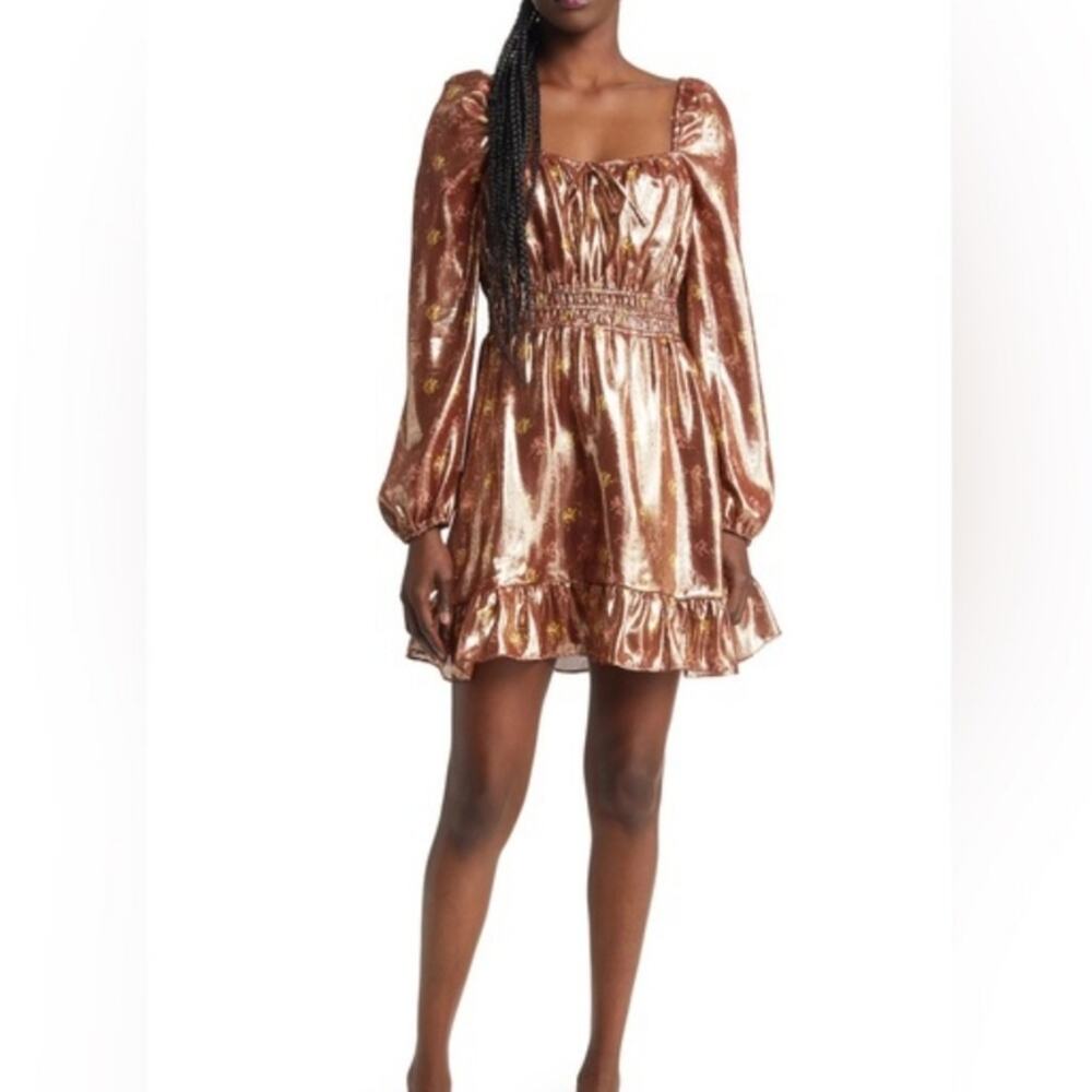 Paige Noah Silk Blend Mini Dress XS | Bronze Dust Metallic Floral Cocktail - Picture 3 of 10